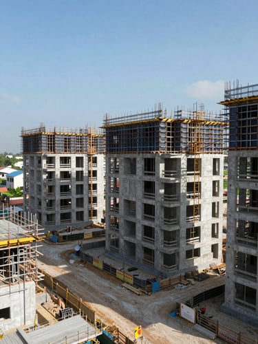 Wide-angle environmental photograph of a regional housing development site under active construction in Cebu, bright natural daylight, clear sky, scaffolding and structure visible, framing showing progress and precision.