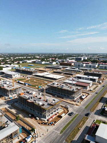 Wide-angle environmental shot of a master-planned community under active construction in Cebu, bright natural daylight, clear sky, showcasing structured layout and infrastructure progress.