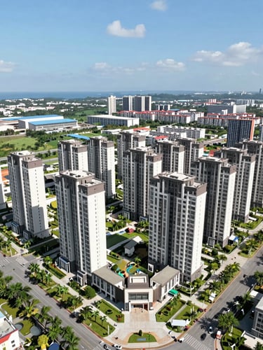 High-angle panoramic view of modern master-planned housing development in Cebu under bright, clear daylight, showcasing structured layout and green spaces.