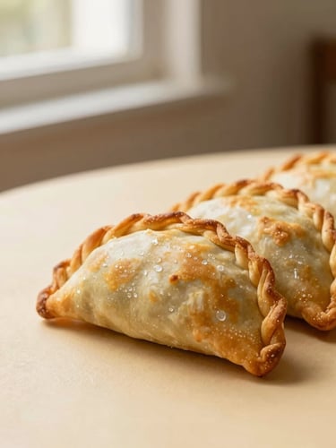 Warm editorial food photography, close-up of golden-brown empanadas showing texture, soft morning window light, rich cream background