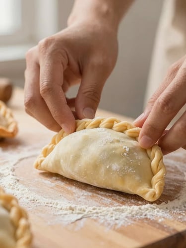 Close-up portrait of hands carefully crimping the edges of an unbaked empanada on a flour-dusted wooden surface, warm side lighting, shallow depth of field.