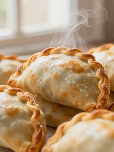 Close-up of golden-brown empanadas showing texture and steam, warm morning window light, rich cream and golden tones, shallow depth of field