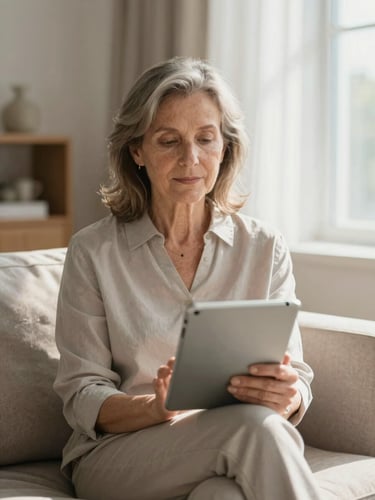 A mature woman sitting peacefully in a sunlit living room, holding a tablet with a calm expression, soft natural daylight, desaturated corporate tones, authentic senior lifestyle, 35mm lens