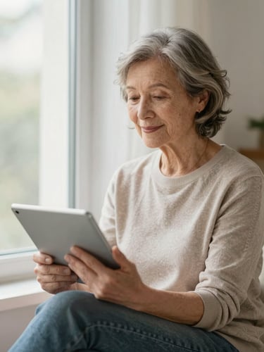 A calm senior woman sitting by a bright window at home, holding a tablet with a gentle smile, soft natural daylight, warm editorial photography
