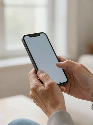 Close-up of senior hands holding a modern smartphone, soft natural daylight from a window, clean domestic setting, warm editorial photography, 35mm lens