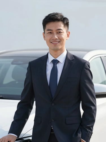 A professional chauffeur portrait, smiling warmly in a dark tailored suit, standing beside a clean luxury vehicle, soft morning daylight, 50mm lens.