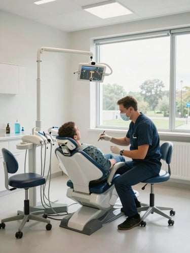 Wide shot of a bright dental operatory interior, natural daylight through large windows illuminating clean white surfaces and clinical equipment, one patient seated in the chair during a consultation, specialist leaning attentively, side angle, calm and purposeful atmosphere