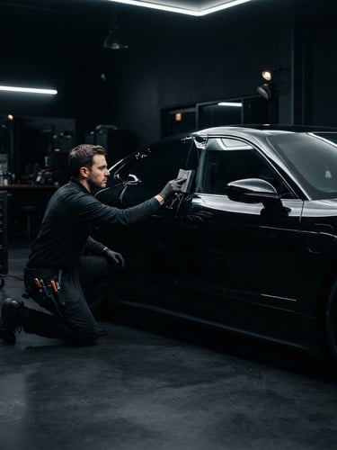 A professional detailer meticulously applying Profound Window Film to the side window of a black Porsche Taycan in a high-end, dark studio workshop, with sharp silver reflections on the car's body and film edge, cinematic wide shot.