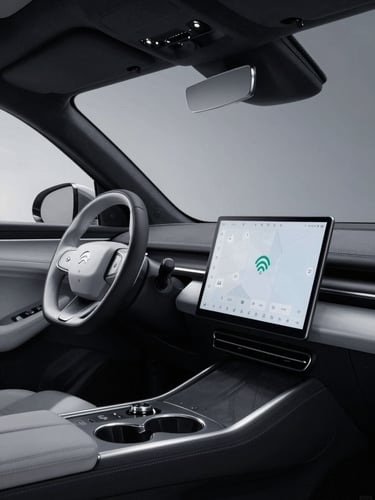 Interior shot of a high-end electric vehicle dashboard, showing a clear view through the windshield with GPS signal strength icon visible, emphasizing no interference, sleek studio lighting with sharp silver highlights.