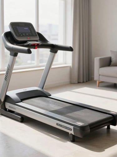 Medium environmental shot of a compact, modern treadmill folded neatly in a sunlit apartment living room, bright daylight, soft shadows, 35mm.