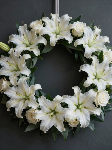 Elegant moody photography of white lilies and roses in a structured funeral wreath, soft diffused overcast light, muted dark slate background, shallow depth of field, 35mm