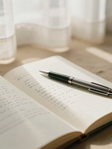 A close-up of an open paper notebook with handwritten clinical notes, an elegant pen resting on the page, soft morning light filtering through linen curtains, warm sand tones.