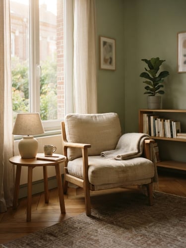 A quiet, sunlit consulting room in Lambersart, soft sage green walls, a comfortable linen armchair, oak parquet floor, warm afternoon daylight, shallow depth of field.