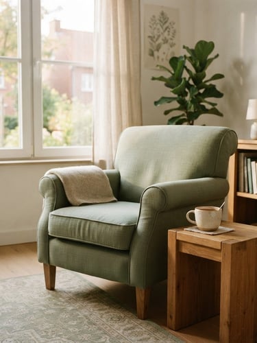A bright, sunlit consulting room in Lambersart with soft sage green accents, a comfortable linen armchair, a ceramic cup on an oak side table, diffused afternoon daylight, warm editorial style, shallow depth of field, 35mm film.