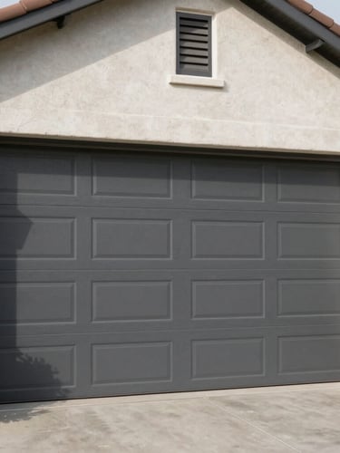 Straight-on medium shot of a clean, modern charcoal gray sectional garage door installed on a stucco Sacramento home, bright natural afternoon daylight, sharp shadows.
