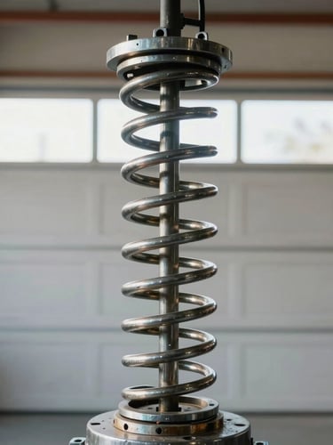 Straight-on close-up of a heavy-duty steel torsion spring mounted above a clean garage door, bright natural Sacramento daylight, sharp details of the metal coils.