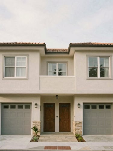 A straight-on architectural exterior shot of a clean, well-maintained residential duplex with soft overcast daylight, muted realistic tones, 35mm lens.