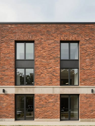 Straight-on architectural photograph of a modern brick duplex under soft overcast daylight, clean lines, professional real estate composition, muted realistic tones