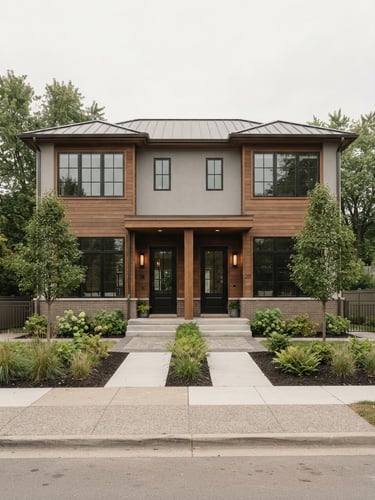 A straight-on architectural exterior photograph of a clean, modern suburban duplex under soft overcast daylight, muted realistic tones, 35mm lens.
