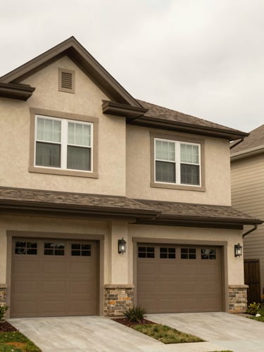 A clean, warm-toned architectural exterior of a modern American suburban duplex, soft natural overcast daylight, professional editorial real estate photography