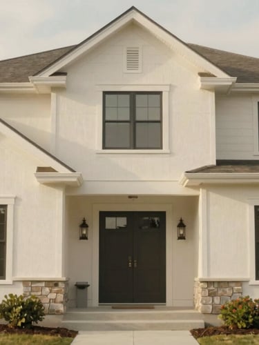 Warm editorial real estate photo of a clean, modern craftsman home exterior, soft natural daylight, realistic tones, 35mm lens