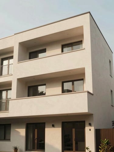 warm editorial real estate photography, soft natural daylight, muted realistic tones, architectural exterior of a clean modern duplex, 35mm lens