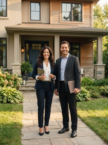 A professional, warm portrait of real estate advisors standing in front of a clean residential property, soft natural late-afternoon daylight, 35mm lens, realistic tones.