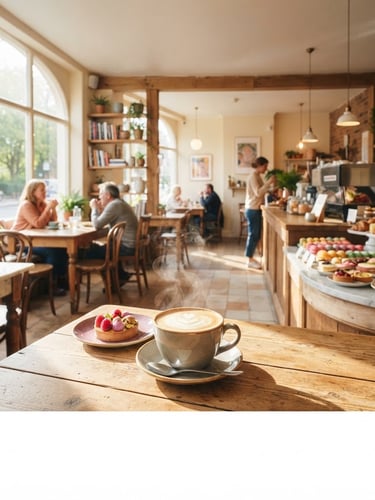 Wide panoramic shot of a sunny cafe interior with sunlit wooden tables, colorful pastel pastries on display, and steam rising from a freshly poured coffee, shallow depth of field, warm cream and pastel tones, natural morning daylight.