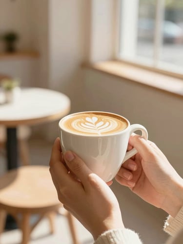 Portrait-oriented image of hands holding a warm mug of latte with intricate latte art, sun-drenched cafe interior in the background, warm cream and pastel tones, soft natural morning daylight, shallow depth of field.