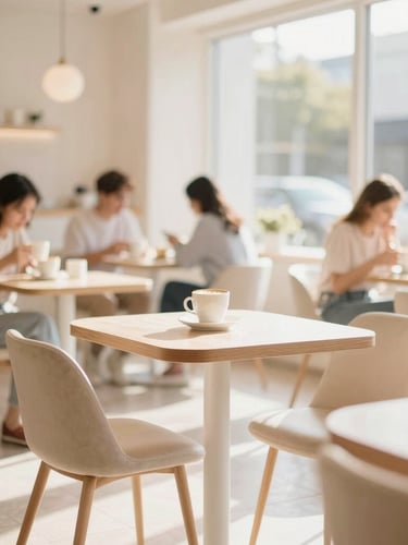 Bright, sunlit interior of a modern cafe with warm cream and pastel tones, comfortable seating, and a few customers enjoying coffee, shallow depth of field, natural daylight.