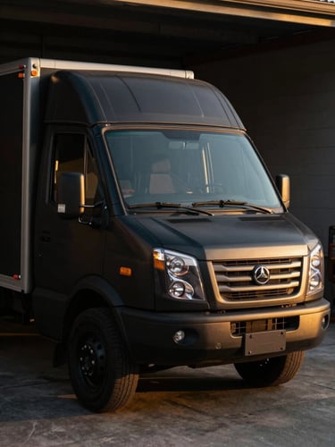 A clean, organized local service truck parked in a driveway, warm low-key golden hour light, matte black paint details, professional workshop feel
