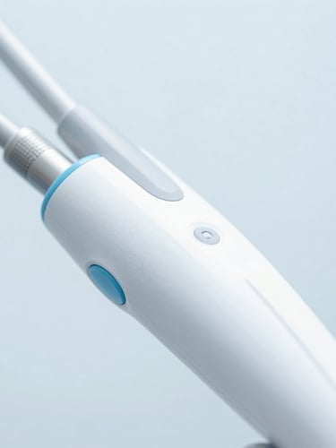 Bright high-key clinical photography, close-up of modern dental diagnostic equipment on a clean light blue background, soft white daylight
