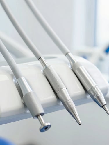 Macro close-up of modern dental equipment in a bright, high-key clinic, soft blue accents, sterile daylight, sharp professional focus