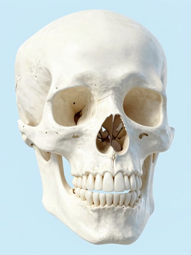 Anatomical clean 3D render of a human jawbone showing healthy bone structure contrasted with a localized bone loss area, sterile light blue backdrop, bright daylight.
