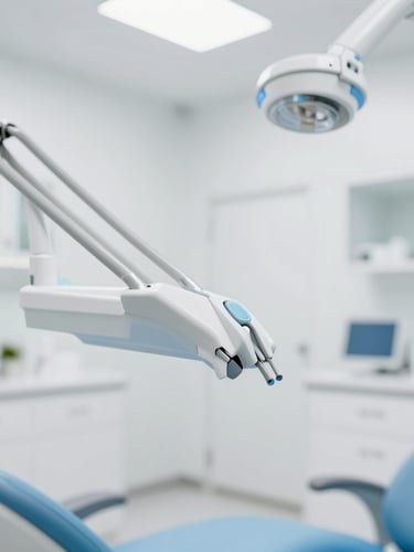 Bright high-key clinical photography of a modern dental clinic interior, soft white daylight, clean light blue accents, sharp macro focus