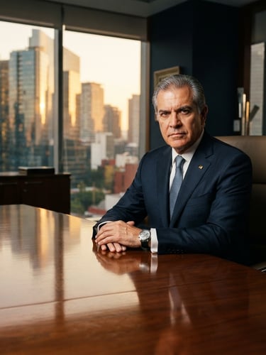 Retrato corporativo del Lic. Guillermo Ramos Cuellar en una sala de juntas ejecutiva de alto nivel, iluminación dramática, reflejos dorados en la mesa de madera pulida, enfoque en autoridad y seriedad.