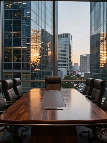High-end executive boardroom with polished dark wood table, leather chairs, and soft, dramatic corporate lighting, wide-angle, 35mm