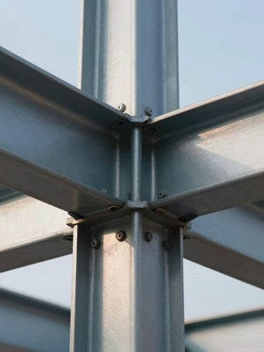Macro close-up of a timber-steel structural joint, clean engineering lines, cool morning light, high-precision architectural detail.