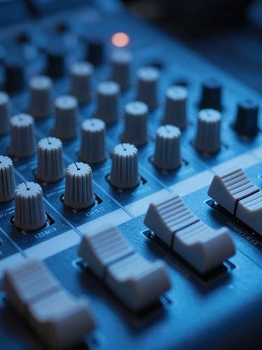 Macro photograph of a professional audio mixing console and clean ethernet connectors, soft blue neon lighting, dark studio background, high technical precision, 35mm