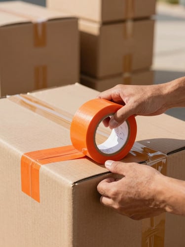 Tight close-up of hands applying high-visibility orange packing tape to neatly stacked uniform double-wall moving boxes, bright warehouse lighting, sharp focus.