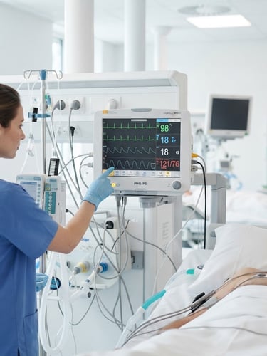 Bright high-key medical photography of a modern clinical environment with a sharp focus on advanced patient monitoring devices, sterile blue and white tones, sharp focus, 50mm