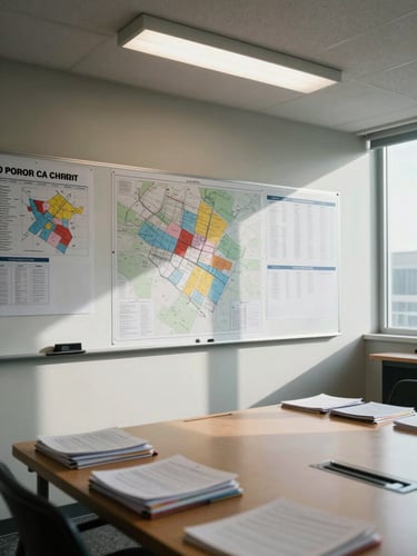 Wide view of a campaign war room, maps and precinct data pinned to a whiteboard along the far wall, overhead fluorescent light casting sharp shadows on stacked briefing folders, no people visible, cool daylight through a narrow office window on the right side