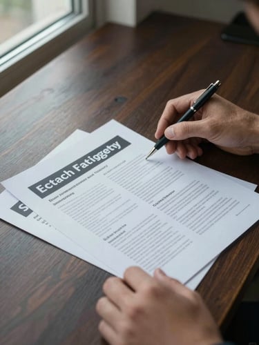 Overhead close-up of hands reviewing a printed campaign strategy document spread on a dark wood desk, a pen resting beside the papers, cool office window light from the upper left, documentary tone