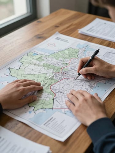 Close-up of hands pressing flat a large printed precinct map on a wide wooden table, a pen marking district boundaries, cool window light from the left, printed briefing sheets visible at the edges, documentary framing, no people's faces visible