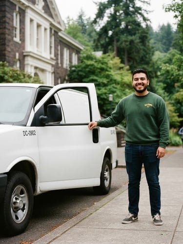 Daniel Cendejas, a young Mexican-American man, smiling and confidently standing beside a clean moving truck, in front of a University of Oregon building, soft Pacific Northwest daylight, forest green and white tones, natural depth of field, 35mm