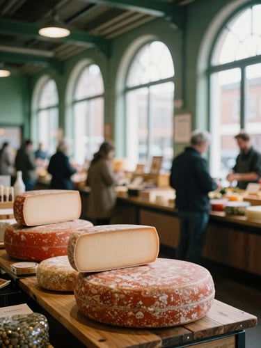 A bustling modern food market hall with soft natural daylight streaming through high arched windows, artisanal cheese wheels on a wooden counter in the foreground, shallow depth of field, 35mm film.