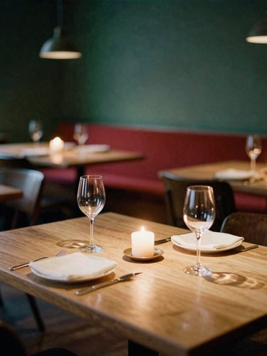 Cozy Scandinavian restaurant dining room at dusk, warm candle light on oak tables, soft shadows, empty wine glasses reflecting natural daylight, 35mm film.