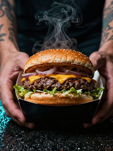 Extreme close-up of a steaming hot burger in custom black packaging held by hands with tattoos, illuminated by a sharp cyan neon light reflection on wet asphalt, dramatic night photography