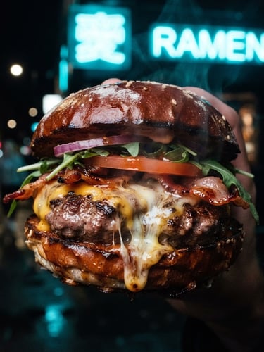 Extreme close-up of a steaming hot burger with melting organic cheese under a vibrant cyan neon street light, high contrast, dark-mode street style, 35mm film