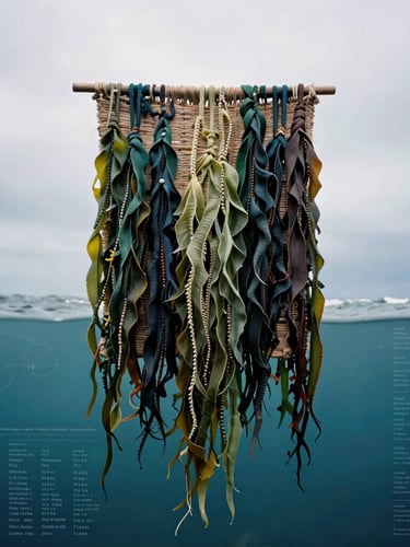 Fine art photography of a hand-woven kelp tapestry paired with scientific data plots overlaid, deep oceanic tones, 35mm.